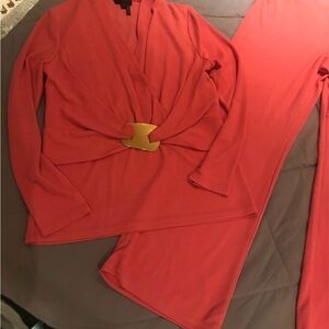 Donna Karan Red Wrap Top and Sets Pant Set